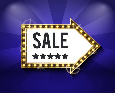 Frame with bulbs and lights vector, isolated banner with inscription. Sale with stars, starry framed offer in form of pointer. Arrow showing promotionのイラスト素材
