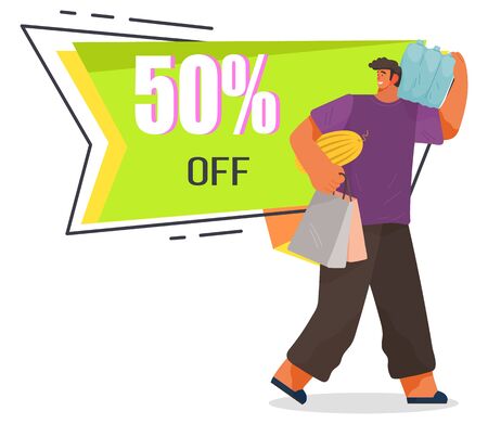 Man stand near advertising sticker, tag with caption. Big sale in stores, discounts up to 50 percent off. Guy hold and carry shopping bags with products, food. Vector illustration in flat styleのイラスト素材