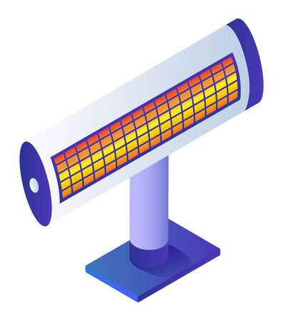 Home appliance, heater used to get rooms warm. Electrical energy converted to heat energy. Electronic device isolated on white background. Wire thermopile stand and turned on. Vector, isometricのイラスト素材