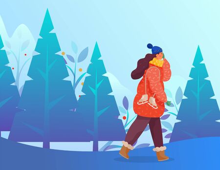 Woman wearing warm clothes walking in cold forest with trees and bushes. Female character holding ice skating shoes. Personage in coat, scarf and knitted hat. Wintry landscape vector in flat styleのイラスト素材
