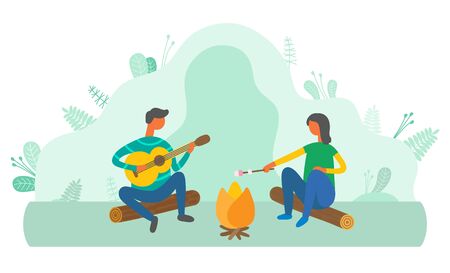 People relaxing by bonfire in forest vector, man playing guitar and woman frying marshmallow. Rest on nature, male guitarist couple spending time outdoorsのイラスト素材