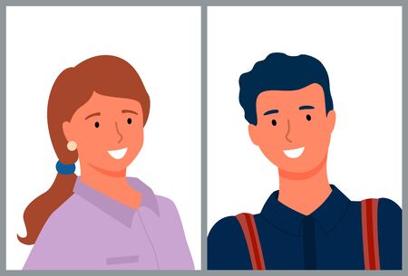 Attractive people on photo, group portrait. Vector male and female characters isolated on white, smiling guy and girl, personal avatar of online consultantのイラスト素材