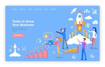 Tools to grow business online web page template vector. Rocket start and money growth, entrepreneurs and graphics, website or landing page flat styleのイラスト素材