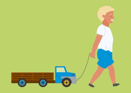 Boy going with toy transport, element of harvest festival. Smiling child going with truck, empty harvesting machine, transportation object vectorのイラスト素材
