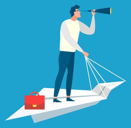 Male character standing on paper ship with lens, worker researching. Business ambitions, employee with magnifier, development technology, growth vectorのイラスト素材