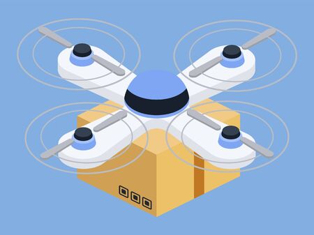 Drone delivering cargo in parcel isolated icon isometric style. Transporting carton box, products in container. Helicopter used in logistics and shipment of fragile items goods. Vector in 3dのイラスト素材