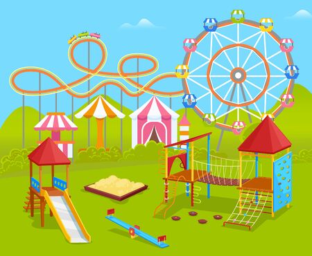 Playground with attractions vector, amusement park with ferris wheel and carousel. Recreation and leisure on weekends, holidays outdoors greeneryのイラスト素材