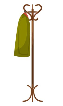 Wooden hanger in lobby or hallway. Item of furniture to hung coat. Interior of room in house or cloakroom in cafe. Apparel clothing object isolated on white, vector illustration in flat styleのイラスト素材