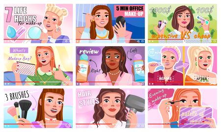 Set of vlogs of video bloggers. Beauty fashion woman blog. Beautiful female bloggers sharing information about style, makeup trends. Cartoon video tutorials, training courses. Blogging cosmetic reviewのイラスト素材