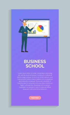 Business school online, hipster animal deer in suit presenting board with diagram and chart, researching statistic, showing report on sheet vector. Website or webpage template, landing page flat styleのイラスト素材