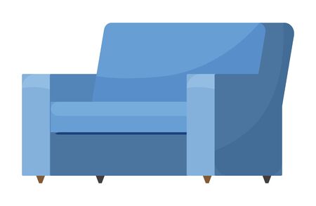 Sofa with blue textile upholstery. Furniture, soft place for rest for flat or house. Cozy home interior for living or drawing room. Couch isolated on white background. Vector illustration in flatのイラスト素材
