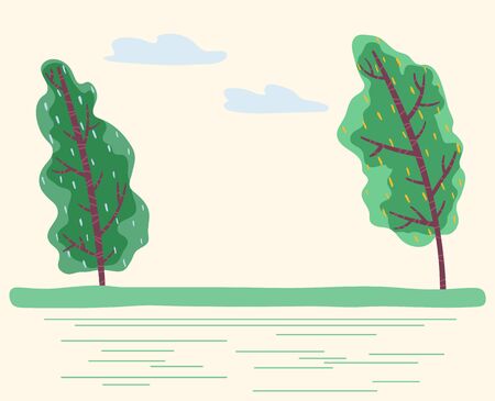 Windy weather in forest with green trees. Bad conditions outdoors, summer or spring. Natural scenery with sky and grass. Environment with plants and and blowing wind. Vector in flat style illustrationのイラスト素材