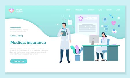 Medical insurance specialists dealing with healthcare problems and issues. People working in laboratory giving prescriptions and diagnosis. Consultants at work, website or webpage template, vectorのイラスト素材