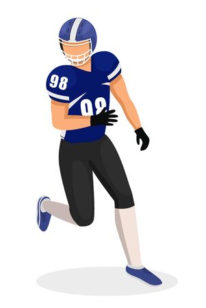 Footballer playing in american football. Player of team running alone. Guy dressed in blue uniform and protective helmet. Young guy isolated on white background. Vector illustration of game matchのイラスト素材