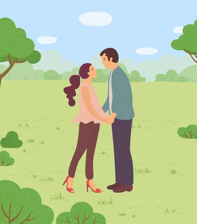 People spending time in park vector, man and woman kissing on first date in park. Forest with trees and meadows, green lawns and bushes summer dayのイラスト素材