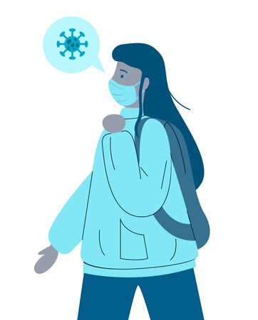 Vector illustration of young infected virus woman wearing medical mask. Viral pandemic, female transmitting pathogen in protective mask. Coronavirus 2019-ncov flu spread. Illness virus symptom conceptのイラスト素材