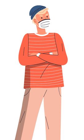 Vector portrait of young guy wearing face medical mask crossed hands at chest at white background. Viral pandemic, protection against world viral infection. Respiratory protection from virus pandemiaのイラスト素材