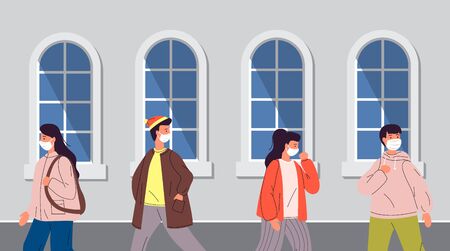 Young people wearing face medical masks walking at the safe distance during virus pandemia in public place. Women and man keep the rules of quarantine to protect from spreading virus in the crowdのイラスト素材