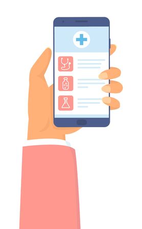 Person looking medical website at phone's screen. Monitoring diagnosis in the internet at mobile. Doctor appointment schedule in smartphone's app. Design of landing page of medical websiteのイラスト素材