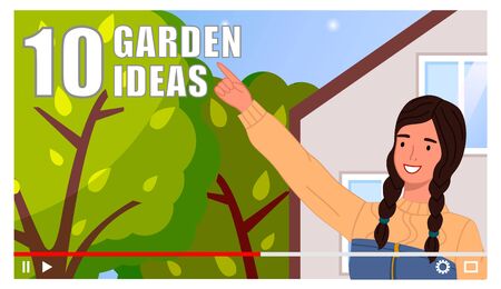 Concept of video player interface. Cute girl with pigtails shoot video of garden ideas. Professional gardener online streaming. Blogger or content creator make video tutorial for internet, social networks, vlogsのイラスト素材