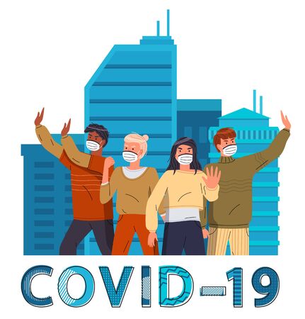 Multinational people at modern city background in medical masks. People show stop gesture to covid-19. Cartoon characters in respiratory masks call to stay at home to prevent spreading virus in cityのイラスト素材