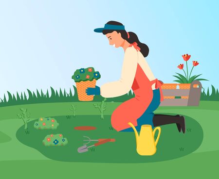 Illustration for Woman gardener transplant bushes with flowers into a soil. Woman working in the garden at spring. Agriculturer doing gardening works using watering can and garden instruments. Cute vector character - Royalty Free Image