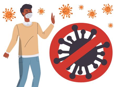 Black man wearing medical mask show stop gesture to huge crossed out sign with virus. Stop world epidemy of spreading virus. Man at the background of flying virus pathogen. Cartoon vector styleのイラスト素材