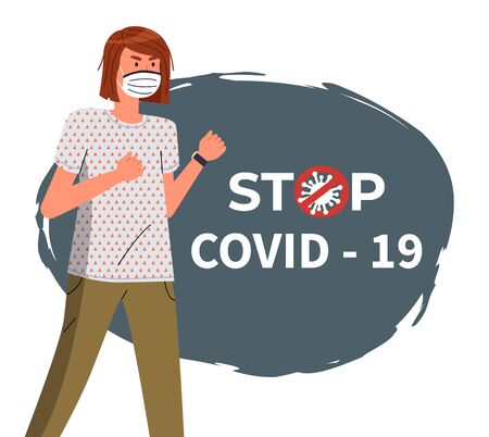 Banner in flat style with cartoon character. Young woman wearing face medical mask ready to fight with world epidemic. Crossed out stop sign. Spreading covid-19. Female protesting against coronavirusのイラスト素材