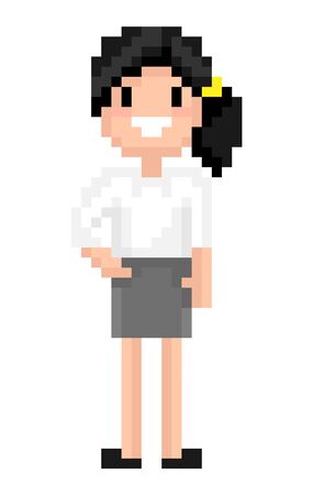 Pixel character vector, isolated woman wearing skirt and blouse serious personage office worker, secretary smiling and standing in posture confidenceのイラスト素材