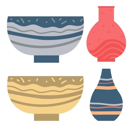 Set of striped vase isolated on white. Crockery decorative jar with waves ornament, color pot in flat style design, ceramic flowerpot. Handmade items from clay. Vase for flowers. Vector illustrationのイラスト素材