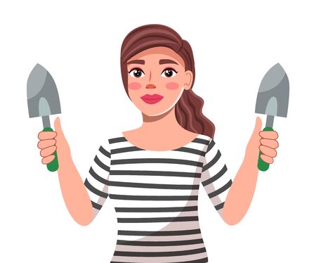 Vector character at white background. Young beautiful brunette woman with long hair holding two shovels in hands. Portrait of cute female wearing striped t-shirt and with gardening tools in handsのイラスト素材