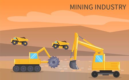 Vehicles that used in mining industry. Lorry and bulldozers riding on quarry territory. Yellow industrial machines for transportation raw or digging quarry. Vector illustration in flat styleのイラスト素材