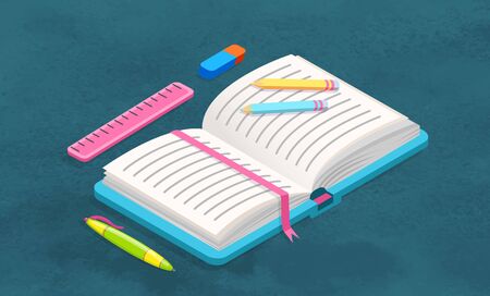 Opened textbook with hard cover and white sheets. Supplies for education, study and work at office. Stuff for school like book and pen, pencil and ruler, eraser. Vector illustration in flat styleのイラスト素材