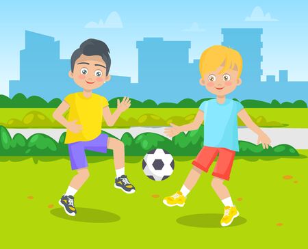 Classmates playing on green ground, pupils activity outdoor. Boys kicking ball, building view, children education, soccer player, school symbol vectorのイラスト素材