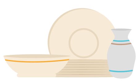 Plate and bowl with jug, equipment sale, crockery tableware. Kitchenware in white color, shopping empty restaurant utensil, crockery promotion vectorのイラスト素材