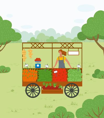 Young woman selling fresh ripe vegetables. Street trading stand with carrots, cucumbers, tomatoes, onion, cabbage and beet. Female vendor vector illustrationのイラスト素材
