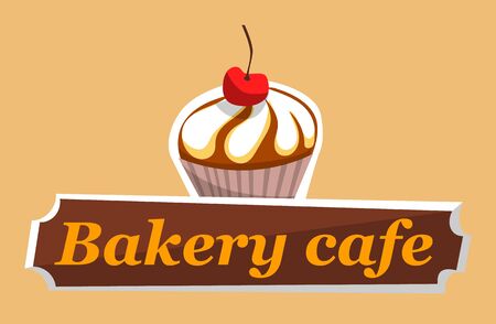 Bakery cafe logo template, cupcake with cream and cherry on top. Labels design for restaurant emblem, confectionery pastry vector illustration, flat styleのイラスト素材