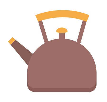 Kettle used for boiling water in it. Utensil for kitchen, vessel with liquid inside. Teapot with lid, spout and handle. Brown teakettle isolated on white background. Vector illustration of cookwareのイラスト素材