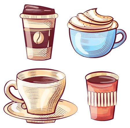 Cups and mugs set vector, isolated icons of containers with liquids and tasty beverages. Bean on plastic jar with cap, ceramic with plate and latteのイラスト素材