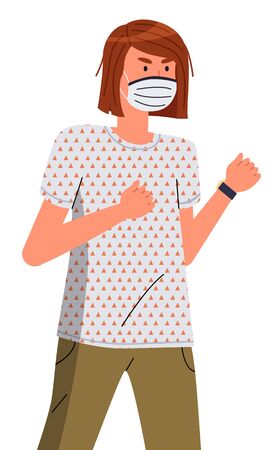Isolated portrait of young woman wearing face medical mask ready to fight with spreading virus at white background. Viral pandemic, stop spreading viral infection. Cartoon character in vector styleのイラスト素材