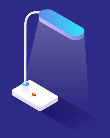Table lamp isolated on blue background. Plastic flexible stem and light bulb that produces lighting from electricity. Object needed to read or write when it dark. Vector illustration, isometric styleのイラスト素材