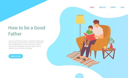 Father sitting with son on sofa and reading book, father caring and education of child, family on soft armchair, wooden table, carpet and lamp, room vector, concept for Father dayのイラスト素材