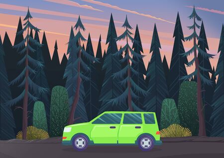 Summer time family trip. People traveling by car on the road in the forest. Traveling together. Green automobile moving on a ground way through a dark forest. Car driving on road vector, flat styleのイラスト素材