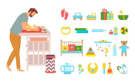 Father care for kid vector, newborn baby laying on special table for changing diapers, cradle and horse, bowl with spoon and toys plush bear and car, concept for Father dayのイラスト素材