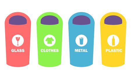 Rubbish sorting in garbage bins with signs vector, isolated dustbin for metal, glass, plastic or clothes trash. Litter and disposal sorting and recycling flat styleのイラスト素材