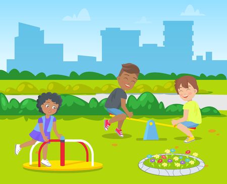 Smiling girl and boy playing on school playground, urban place with skyscraper view. Happy pupils on carousel and swing, classmates outdoor vectorのイラスト素材