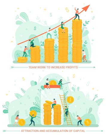 Attraction and accumulation of finances vector, people working on progress of business. Woman and man with jar investing money, gold coins flat styleのイラスト素材