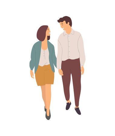 Smiling dating couple walking together isolated people. Vector young cartoon characters on walk, happy just married lovers holding hands spend time togetherのイラスト素材