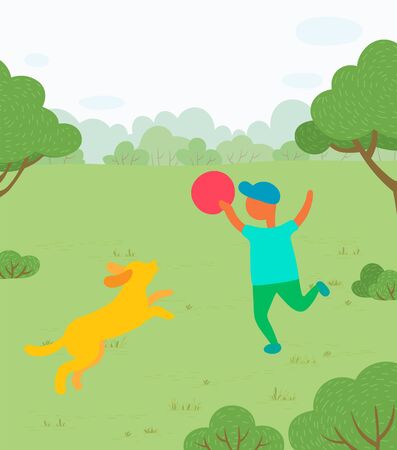 Boy plays with dog in park, throwing flying disc vector. Outdoor activity, kid having fun outside on meadow among trees and bushes, pet and owner on grassのイラスト素材