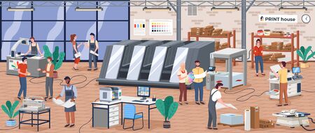 Printing house polygraphy industry composition with human characters, plant and machinery and...